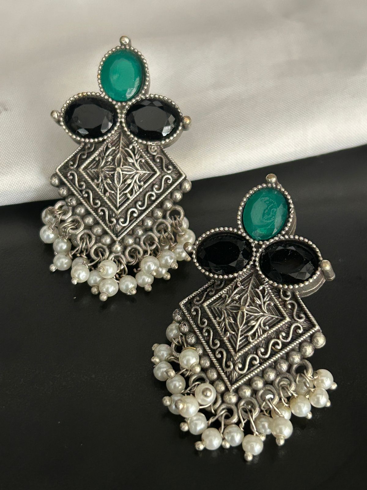 Oxidized Square Jhumka Earrings with Green & Black Stones and Pearl Drops